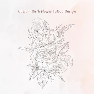 Elegant Birthday Flower Tattoo Design in Flat Lay Style, Grandma Garden Personalized Birth Flower Bouquet, Matching Tattoos, Floral Ink Idea
