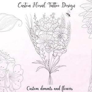 Custom Floral Tattoo Art Sketch, Custom Elements and Flowers, Fine Line Tattoo Design, Personalised Family Birth Month, Minimalist Design