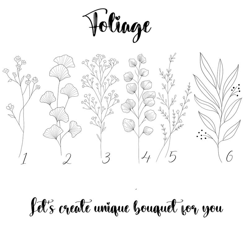 May include: Black and white line art illustrations of six different types of foliage, labeled 1 through 6. The text "Foliage" is at the top of the image. The text "Let's create unique bouquet for you" is at the bottom of the image.