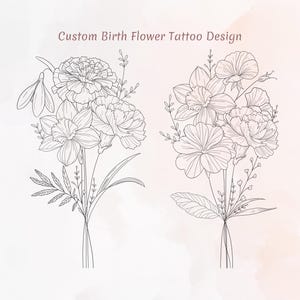 Minimalistisches Blumenarrangement, Floral Line Art Tattoo, Familie Geburt Blumenstrauß, Tattoo Flash druckbar, Wildblumen Bouquet Tattoo