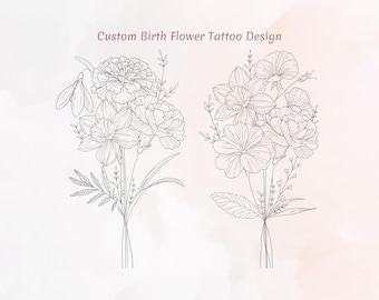 Minimalistiskt blomsterarrangemang, Blommig linjekonst tatuering, Blombukett för familjen, Utskrivbar tatuering med flash, Tatuering med vildblomsbukett
