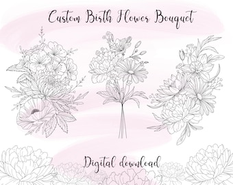 Kundenspezifische zarte Geburts-Blumen-Tätowierung, Wildblumen-Geburtsmonat-Tätowierung, flach gelegtes Tattoo-Design, Blumenstrauß, kundenspezifische Blumenlinie Kunst-Tätowierung