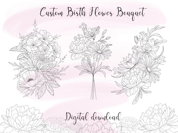 Custom Delicate Birth Flower Tattoo, Wildflower Birth Month Tattoo, Flat lay Tattoo Design, Floral Bouquet, Custom Floral Line Art Tattoo