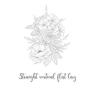 May include: Black and white line drawing of a bouquet of flowers. The bouquet includes a poppy, chrysanthemum, and several smaller flowers. The flowers are arranged in a vertical, flat lay style.