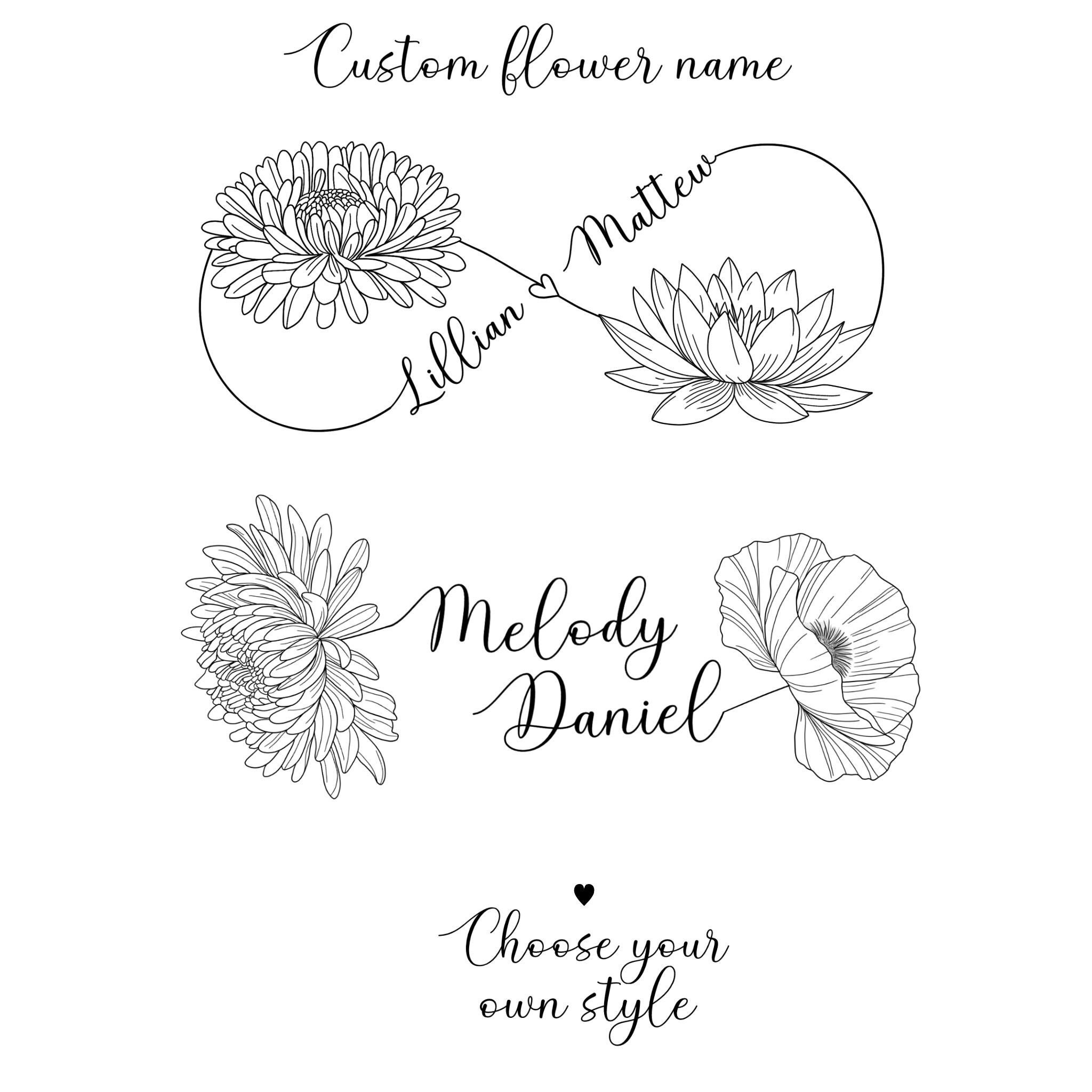 Custom Floral Name Design, Two Names Birth Month, Custom Lovers Gift Minimalist Design, Couple Aesthetic Tattoo, Couple Anniversary Gift