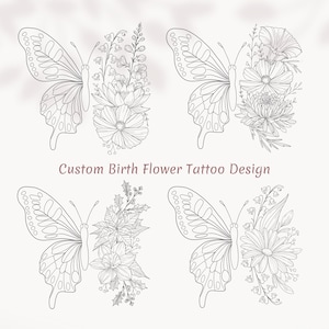 Delicate Butterfly Art Custom Matching Butterfly Tattoo, Feminine Floral Butterfly Wing Birthday Flower Tattoo, Personalized Tattoo Design