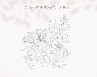May include: A black and white line drawing of a bouquet of flowers. The bouquet includes a peony, a ranunculus, and snapdragons.