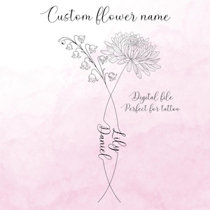Personalised 2 Names Birth Month Flowers Tattoo Art, Custom Name Design , Line Art Birth Flower Tattoo Design, Couple Family Design Gift