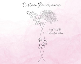 Personalised 2 Names Birth Month Flowers Tattoo Art, Custom Name Design , Line Art Birth Flower Tattoo Design, Couple Family Design Gift