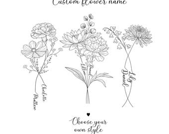 Personalised Floral Name Tattoo, 2 Names Birth Month Flowers Tattoo Art, Couple Family Tattoo Design, Line Art Birth Flower Tattoo Design