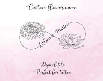 Personalised Two Names Floral Infinity Tattoo, Birth Month Flowers Tattoo Art, Custom Name, Infinity Symbol Design, Couple Family Kids Name