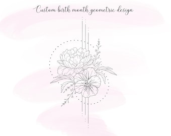 Custom Geometric Birth Flower Tattoo Design, Customizable Birth Month Flowers Tattoo, Minimalist Couple Aesthetic, Geometric Floral Design