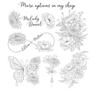 May include: A set of black and white line art floral designs, including a butterfly, an infinity symbol with the names "Lillian" and "Matthew", a bouquet of flowers, and a single flower with the word "Love".