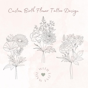 Personalized Floral Tattoo Design, Custom Birth Flower with Elegant Greenery, Fine Line Botanical Art, Gift for Mom or Her, Quick Turnaround