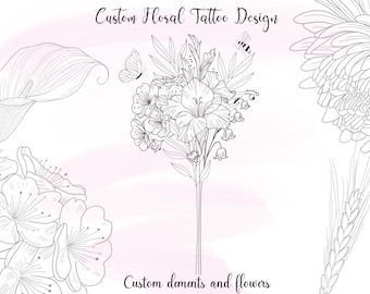 May include: A black and white line drawing of a floral tattoo design. The design features a bouquet of flowers, including lilies, cherry blossoms, and lily of the valley. The flowers are arranged in a symmetrical pattern and are surrounded by leaves and stems. The design is set against a white background with a light pink watercolour wash.