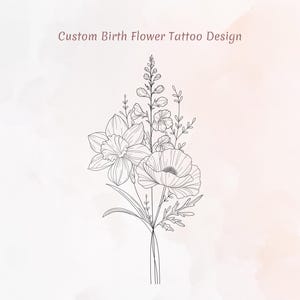 Geburts-Blumen-Tattoo-Karte Benutzerdefinierte Linie Kunst Familie Mutter und Kinder Blumenstrauß, personalisiertes Design-Geschenk für Mutter, druckbare Tattoo-Professur mit Blumen