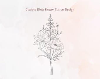 Geburts-Blumen-Tattoo-Karte Benutzerdefinierte Linie Kunst Familie Mutter und Kinder Blumenstrauß, personalisiertes Design-Geschenk für Mutter, druckbare Tattoo-Professur mit Blumen
