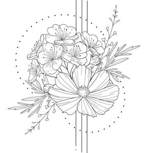 May include: Black and white line drawing of a floral bouquet with delicate flowers and leaves. The flowers are arranged in a circle with a dotted line around them. There are three vertical lines extending from the bottom of the circle.