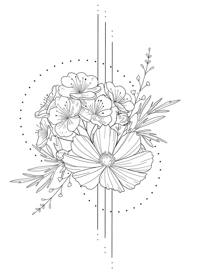 May include: Black and white line drawing of a floral bouquet with delicate flowers and leaves. The flowers are arranged in a circle with a dotted line around them. There are three vertical lines extending from the bottom of the circle.