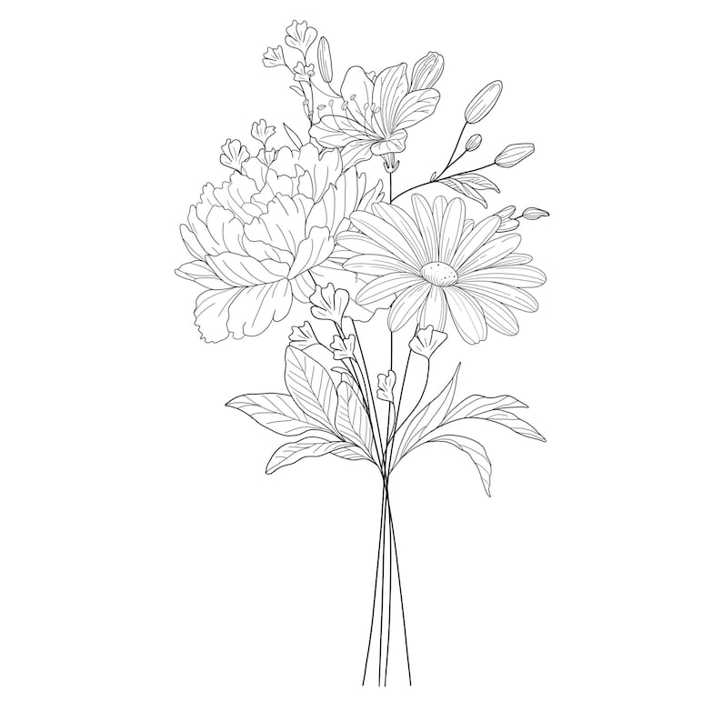 May include: A black and white line drawing of a bouquet of flowers. The bouquet includes a peony, a daisy, and a lily. The flowers are arranged in a loose, natural style.