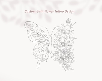 Custom Butterfly Wing Birthday Flower Tattoo, Delicate Birthday Flower Arrangement, Half Butterfly and Half Flowers Stencil Tattoo Design
