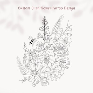 Benutzerdefinierte Geburtsblume Tattoo, wunderliche Blume Tattoo, Ihre benutzerdefinierte Blumen und Elemente, passende Familien Tattoos, Wildblumen Blumenstrauß Tattoo