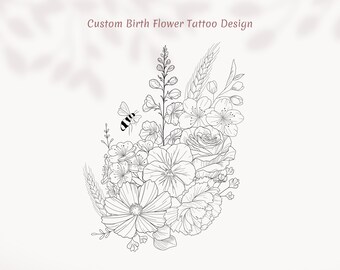 May include: A black and white line drawing of a bouquet of flowers, including a rose, carnations, and other blooms. A bee is flying above the flowers.
