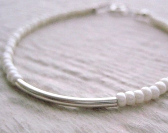 Ivory Seed Bead Bar Bracelet- Silver Tube Bead Bracelet, Simple Everyday Bracelet, Silver Bar Seed Bead Bracelet, Layering Bead Bracelet,