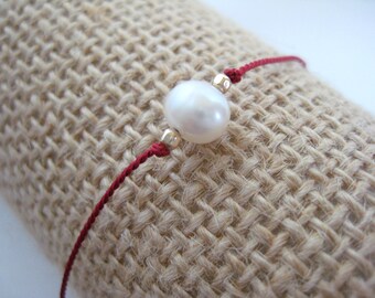 Pearl Silk Cord Bracelet- Red Silk Bracelet, Freshwater Pearl Bracelet, Dainty Silk Bracelet, Silk Thread Bracelet, Red Silk Cord Bracelet