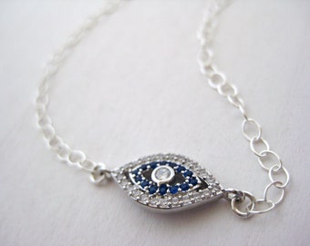 Evil Eye Bracelet- Sterling Silver Chain Bracelet, CZ Evil Eye Bracelet, Rhodium Plated Evil Eye Charm, Layering Bracelet, Everyday Bracelet