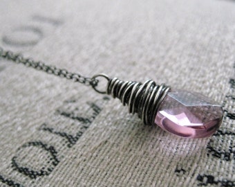 Amethyst Quartz Necklace- Oxidized Sterling Silver Necklace, Wire Wrapped Quartz Drop, Rustic Silver Quartz Necklace, Purple Quartz Necklace