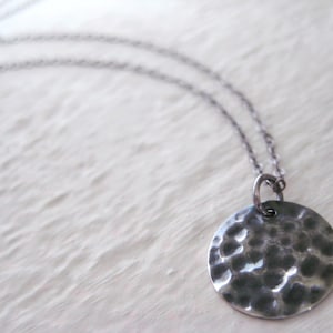 Oxidized Silver Hammered Disc Necklace-Sterling Silver Hammered Charm Necklace, Ox Silver Jewelry, Modern Jewelry, Hammered Pendant Necklace