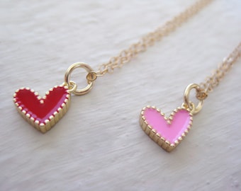 Tiny Heart Necklace- Enamel Heart Necklace, Pink Heart Charm Necklace, Red Heart Necklace, Dainty Gold Necklace, Layering Gold Necklace