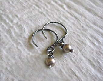 Little Swarovski Pearl Earrings- Bronze Swarovski Crystal Pearl, Sterling Silver Earrings- Oxidized Silver Earrings, Twisted Silver Earwires