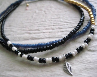 Seed Bead Leaf Necklace- Blue Gold Black Ivory Seed Beads, Sterling Silver Leaf Charm, Long Bead Necklace, Boho Jewelry, Layering Necklace