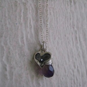 Silver Heart Charm Necklace Sterling Silver Heart Necklace, Wire Wrapped Amethyst Necklace, Heart Jewelry, Delicate Heart Charm Necklace image 5