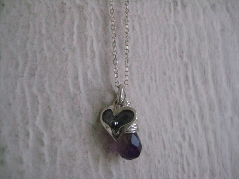 Silver Heart Charm Necklace Sterling Silver Heart Necklace, Wire Wrapped Amethyst Necklace, Heart Jewelry, Delicate Heart Charm Necklace image 5