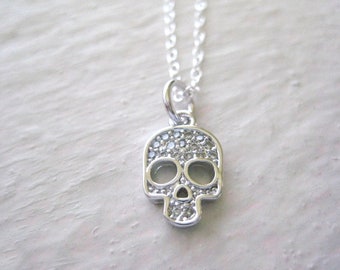 Skull Charm Necklace- White Gold Skull Necklace, Dainty Skull Charm , Cubic Zirconia Skull Necklace, CZ Skull Necklace, Layering Necklace