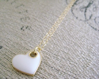 White Enamel Heart Necklace- Gold Heart Charm Necklace, Heart Charm Necklace, Gold Chain Necklace, Dainty Heart Necklace, Layering Necklace