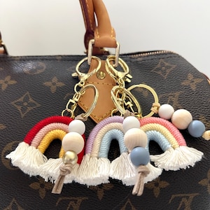 Macrame Rainbow Keychain- Woven Rainbow Bag Charm, Purse Accessories, Wood Bead Keychain