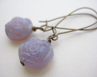 Vintage Flower Bead Earrings- Purple Flower Eaarings, Brass Wire Earrings, Brass Kidney Wire Earrings, Purple Flower Bead Earrings