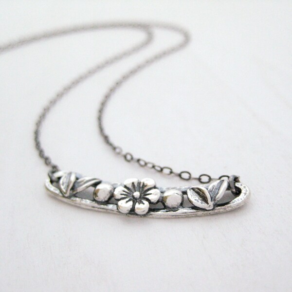 Silver Flower Charm Necklace-Flower Link Necklace, Rustic Charm Necklace, Layering Necklace, Oxidized Silver Necklace, Floral Necklace