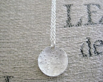 Silver Hammered Circle Necklace-Sterling Silver Hammered Charm Necklace, Everyday Jewelry, Layering Necklace, Dome Disc Pendant Necklace