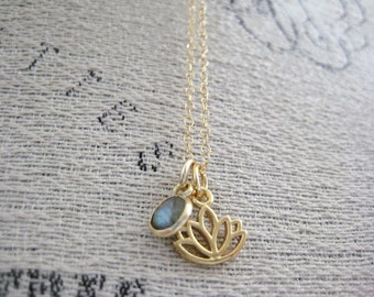 Gold Lotus Necklace- Gold Lotus Charm Necklace, Labradorite Necklace, Labradorite Charm Necklace, Dainty Charm Necklace, Layering Necklace