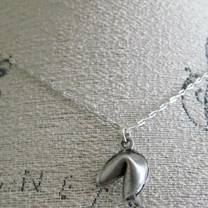 May include: A silver-colored necklace featuring a fortune cookie pendant. The pendant hangs from a delicate chain. The necklace is displayed against a textured, off-white background.