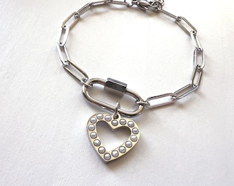 Silver Paperclip Charm Bracelet, Heart Charm