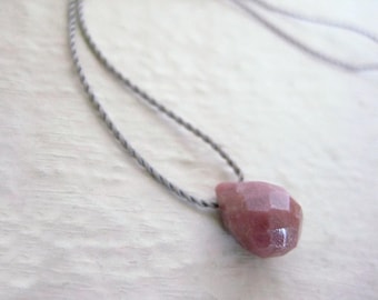 Pink Rhodonite Teardrop Necklace: Grey Nylon Cord, Sterling Silver Clasp