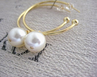 Pearl Gold Hoops- Crystal Pearl Hoops, Pearl Hoop Earrings, Minimalist C Hoops, Minimalistic Earrings, Big C Hoop Earrings, 2 in 1 Earrings