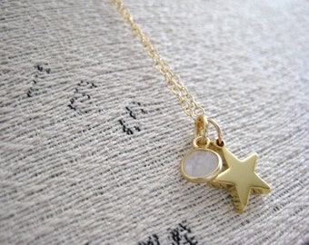 Gold Star Necklace- Gold Star Charm Necklace, Moonstone Necklace, Rainbow Moonstone Charm Necklace, Gold Chain Necklace, Layering Necklace