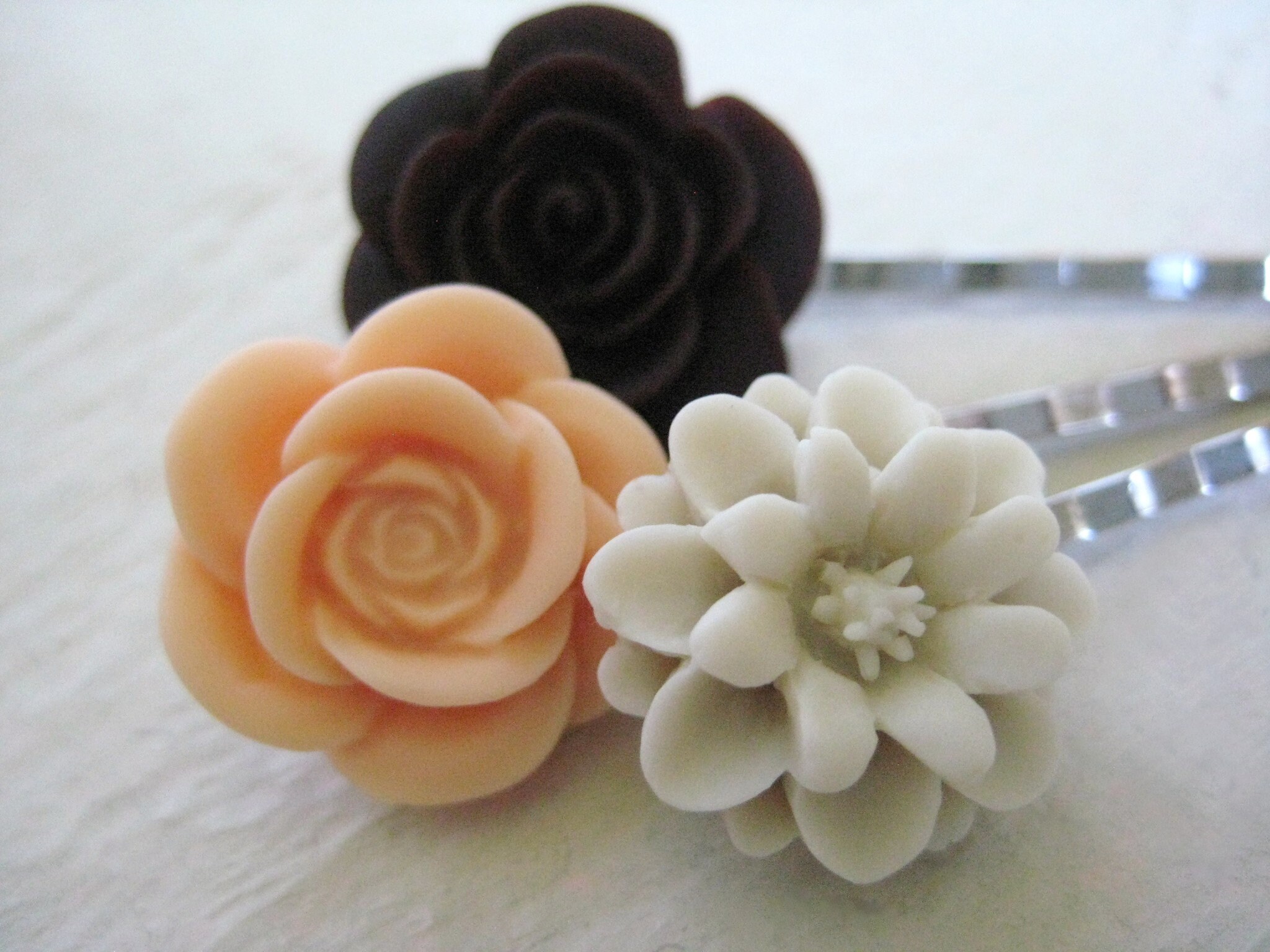 TAUPE BOBBY PINS, Set of 8 Diamond Crystal & Ivory Pearl Hairpins, Silk  Rose Flower Hair Clip, Beige Decorative Butterfly Hair Pins H4203 